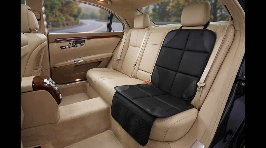 Car interior with a black seat cover on a beige car seat