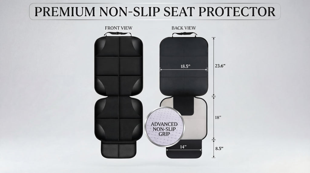 Diagram of a premium non-slip seat protector with front and back views and measurements.