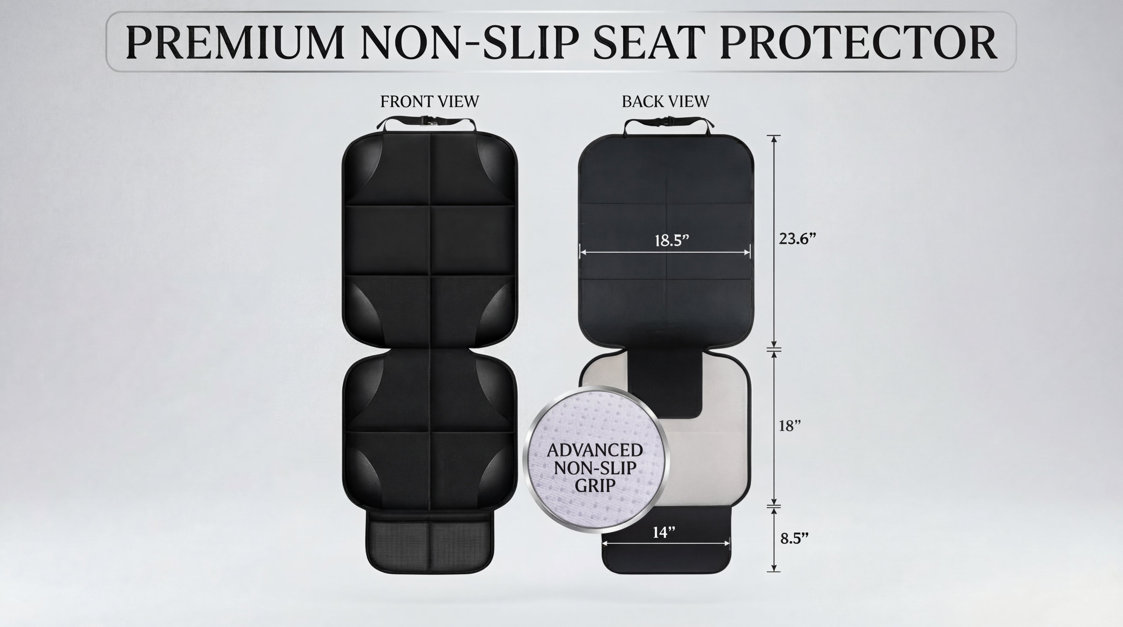 Diagram of a premium non-slip seat protector with front and back views and measurements.