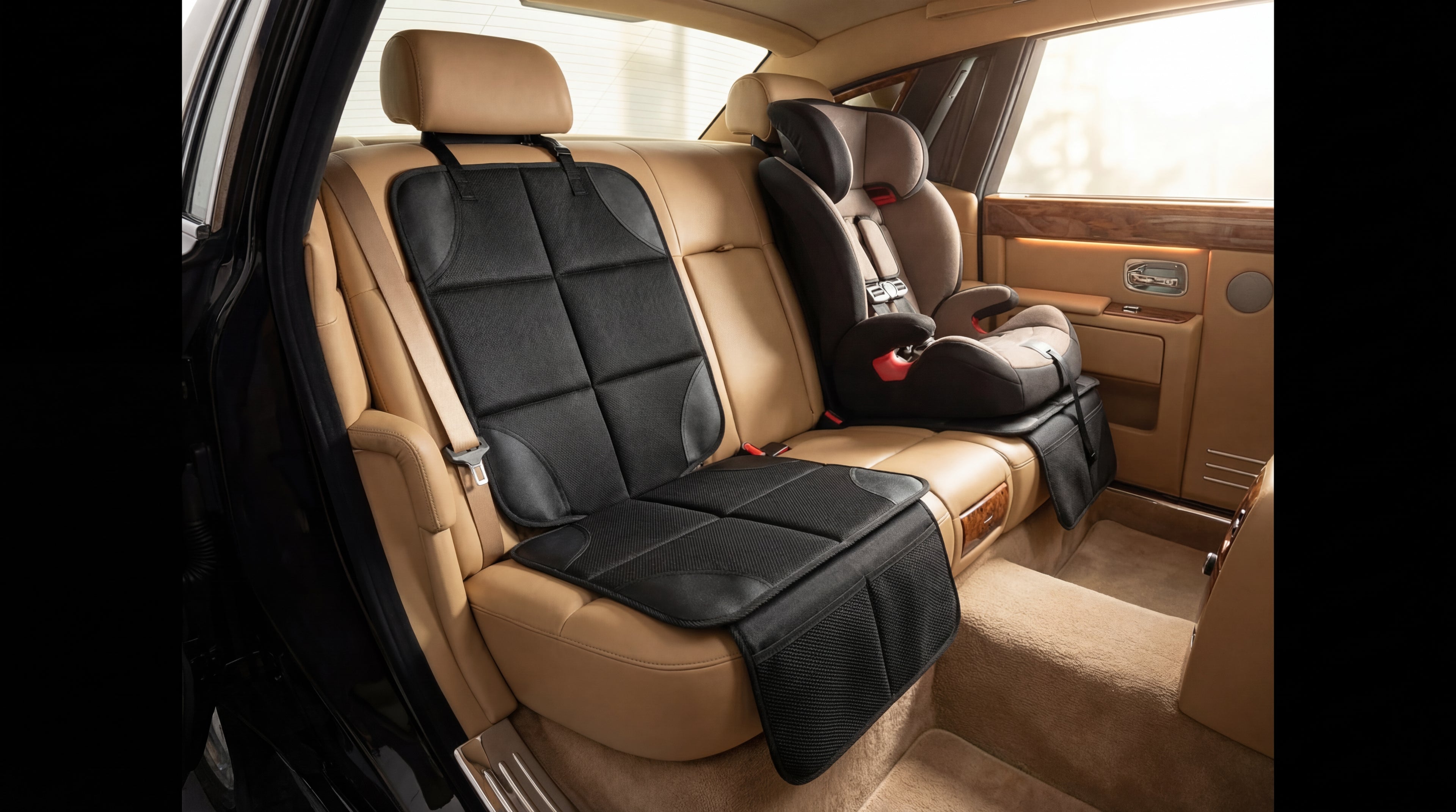 Car interior with black seat covers on beige seats