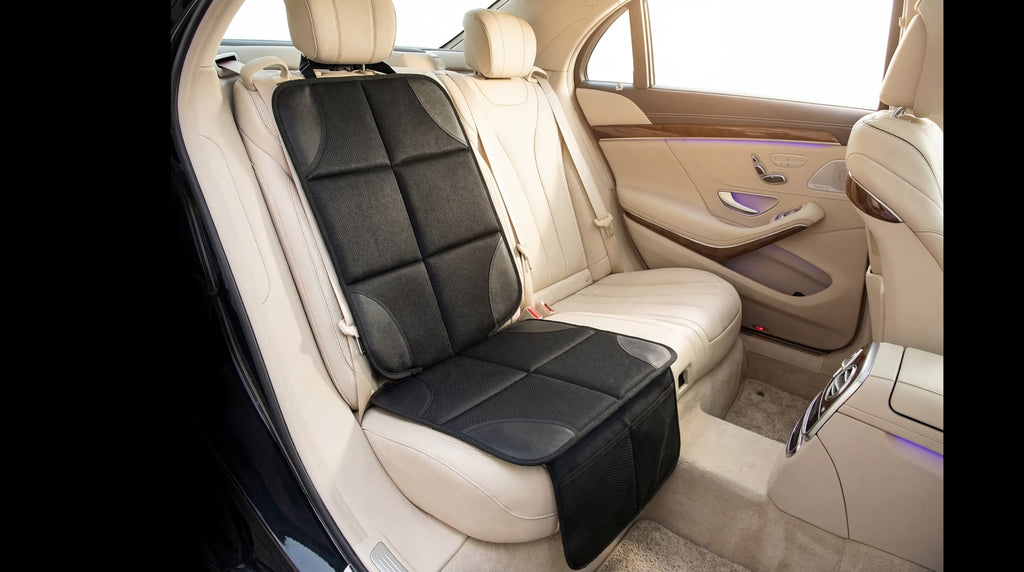 Black car seat cover on a beige car seat